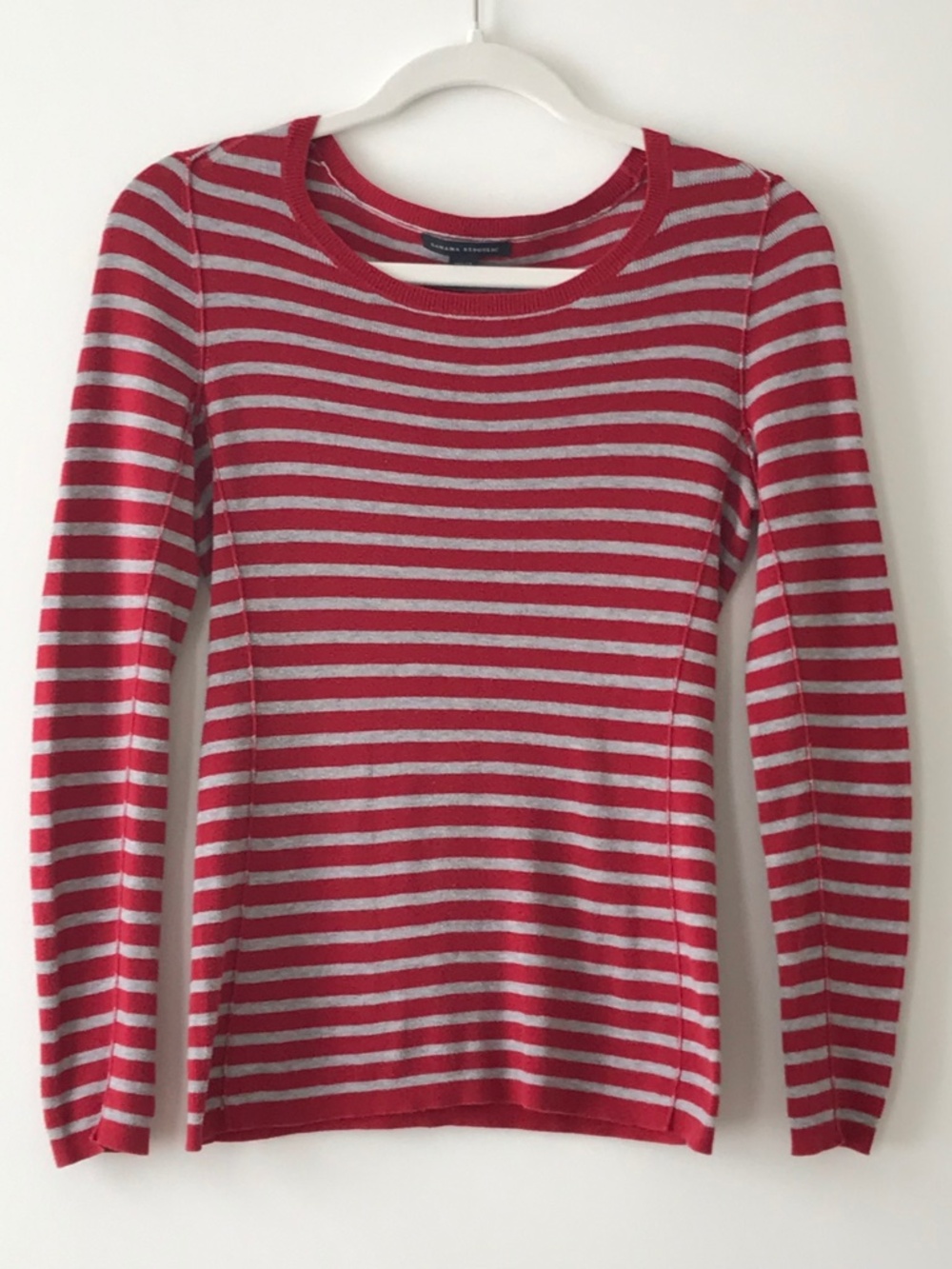 Banana Republic 100% Cotton Red Gray Striped Crewneck Sweater